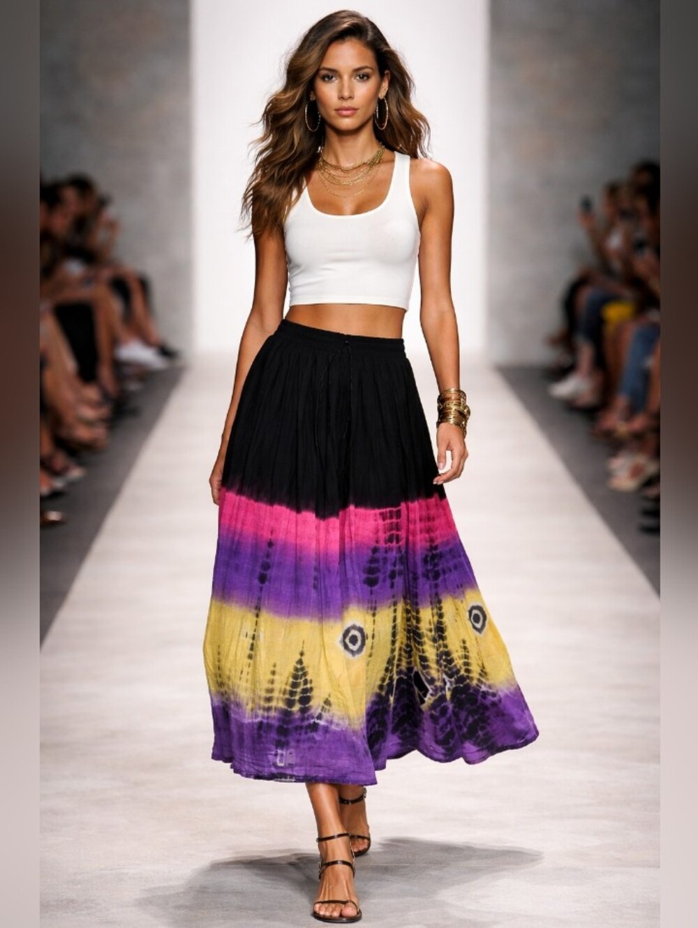 Boho Tie-Dye Midi Skirt with Black Waistband